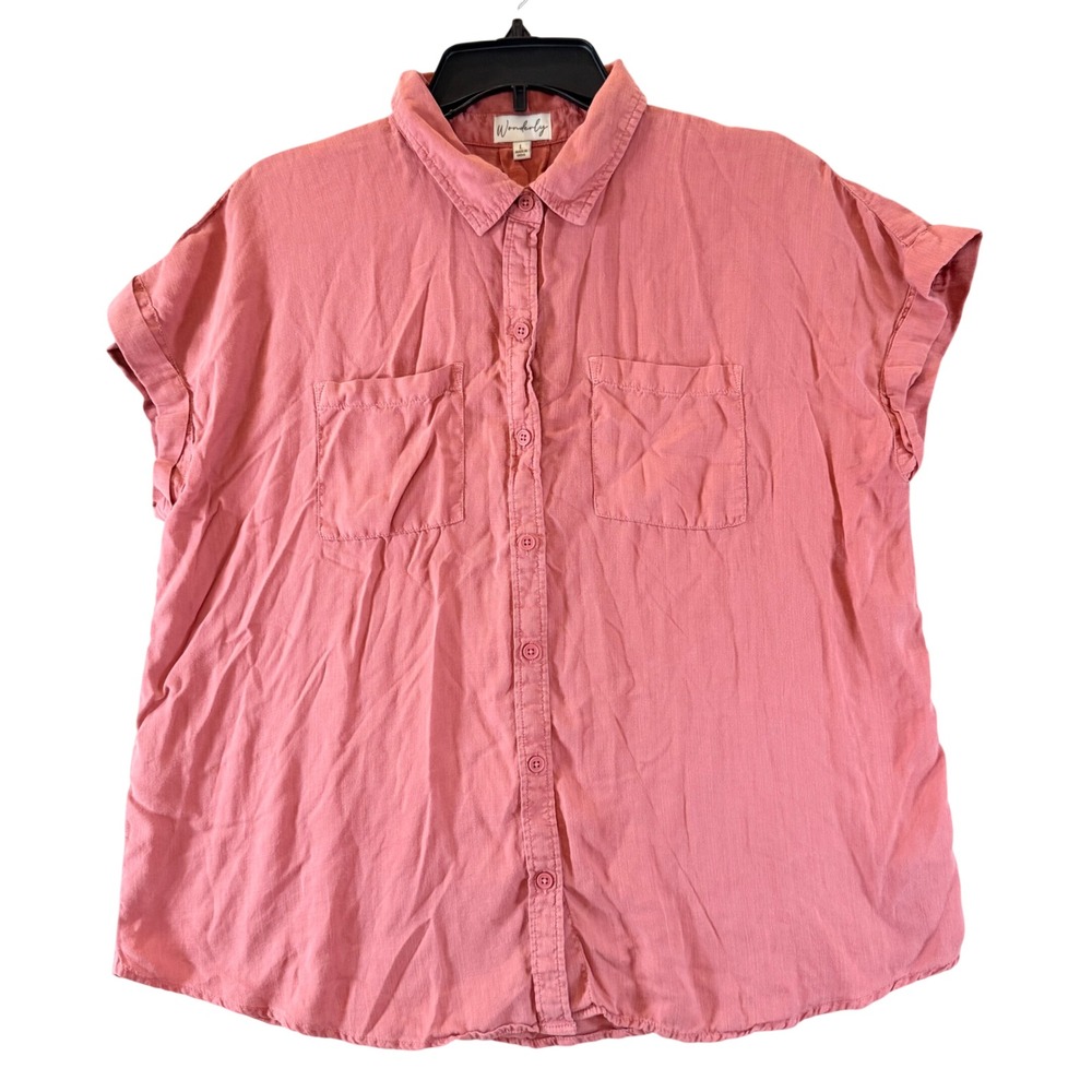 Wonderly Boyfriend Button Down Shirt L Lyocell Short Sleeve Coral Pink Casual